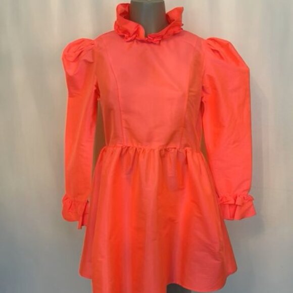 Batsheva Neon Sunset Pink Mini Long Sleeve Prairie Dress Size 10 Retails $400